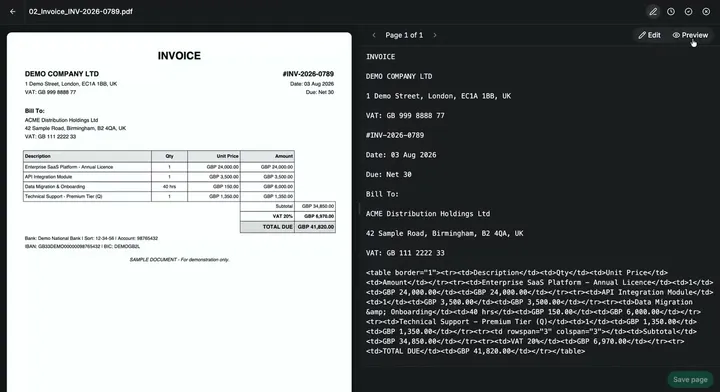 The original document and extracted content in the OCR editor.